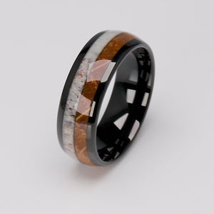 Black Tungsten Ring with Whiskey Barrel and Deer Antler Inlay - 8mm Width - TCR012