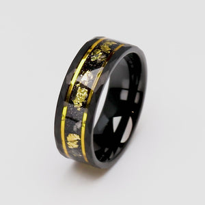 Yellow Gold Leaf & Meteorite Inlay Black Tungsten 8mm Width - TCR222