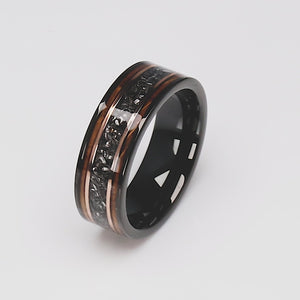 Meteorite and Whiskey Barrel Wood Ring: Black Tungsten Wedding Band - 8mm - TCR033