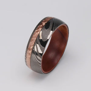 Damascus Steel Men's Wedding Ring with Iron Wood Interior and Copper Inlay - 8mm Width - DSR005