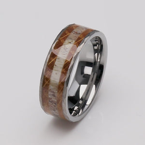 Tungsten Ring with Whiskey Barrel Wood and Deer Antler Inlay - 8mm Width - TCR209