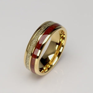 Yellow Tungsten Ring with Meteorite and Koa Wood - 8mm Width - TCR102