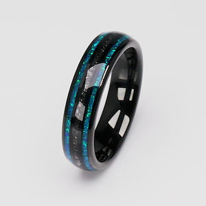 Black Tungsten Wedding Band with Meteorite & Greenish Blue Opal Inlay - 6mm - TCR036