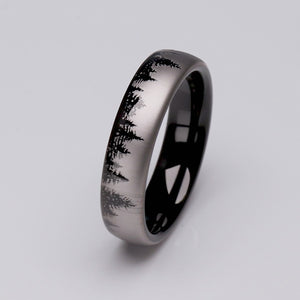 Forest Tungsten Ring with Pine Tree Design in Black & Silver - 6mm Width - TCR185