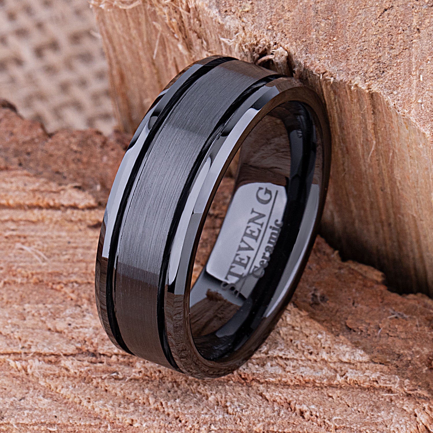 Black Ceramic Men's Wedding Ring - 8mm Width CER006-8 men’s wedding ring or engagement band, promise ring or anniversary ring gift for him - Steven G Designs