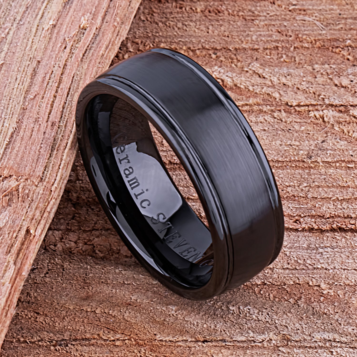 Black Ceramic Men's Wedding Ring or Engagement Band 8mm Wide with Light Brushed Center and Polished Sides