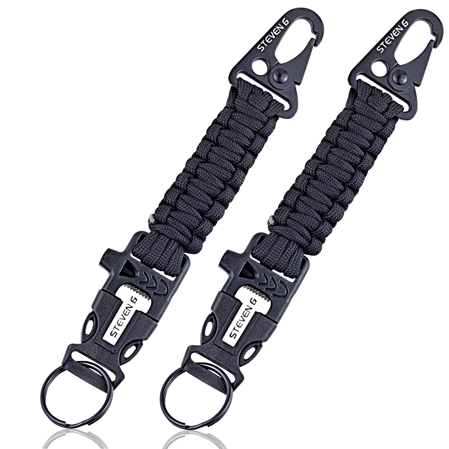 Steven G Paracord Carabiner Survival Keychain with Firestarter and Whistle - (pack of 2) PCKC062BKBK - Steven G Designs