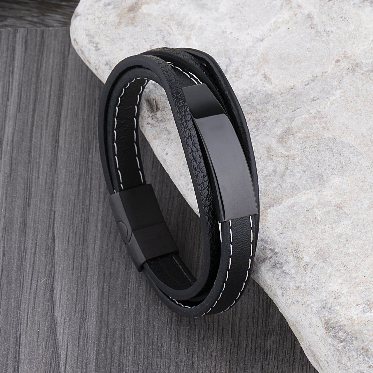 Men's Stainless Steel Black Leather Bracelet with High Polished Black Engraving Plate & Steel Secure Magnetic Sliding Clasp