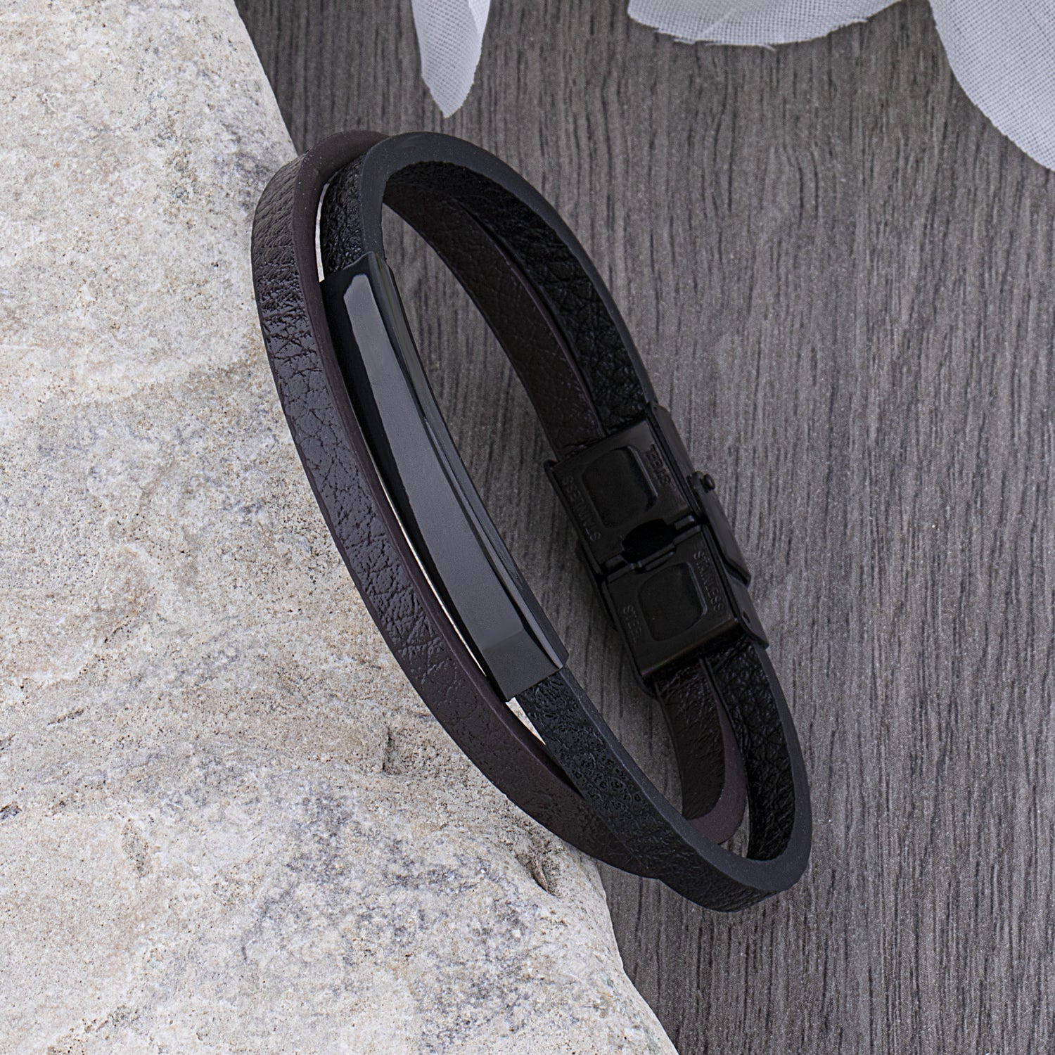 Men's Stainless Steel Black and Brown Leather Bracelet With Black Engraving Plate and Steel Secure Clip Lock Clasp