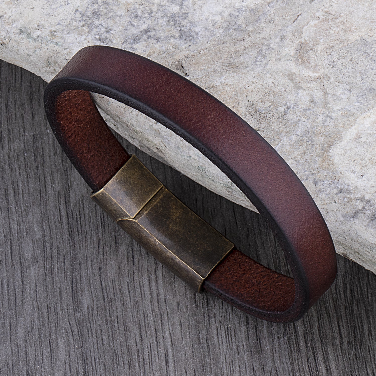 Men's Brownish Red Smooth Leather Bracelet with Polished Rustic Brass Secure Sliding Magnetic Clasp Lock, Great Gift For Men
