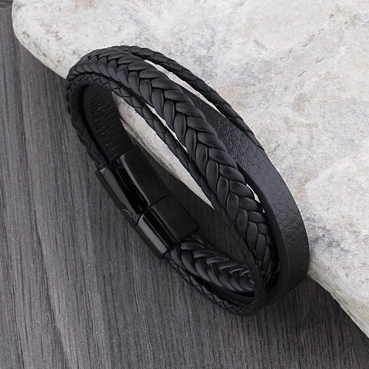 Men's Black Braided Leather Bracelet, Polished Black Stainless Steel Secure Magnetic Sliding Clasp, Bracelet for Husband, Boyfriend or Son