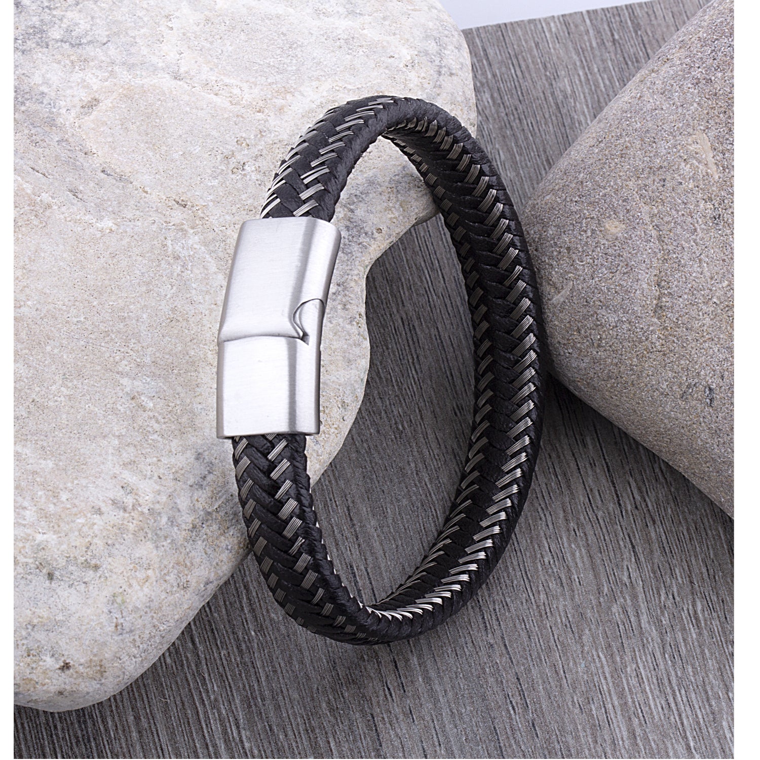 Men's Bracelet with Braided Leather and Steel Wire and Stainless Steel Secure Magnetic Slide Clasp
