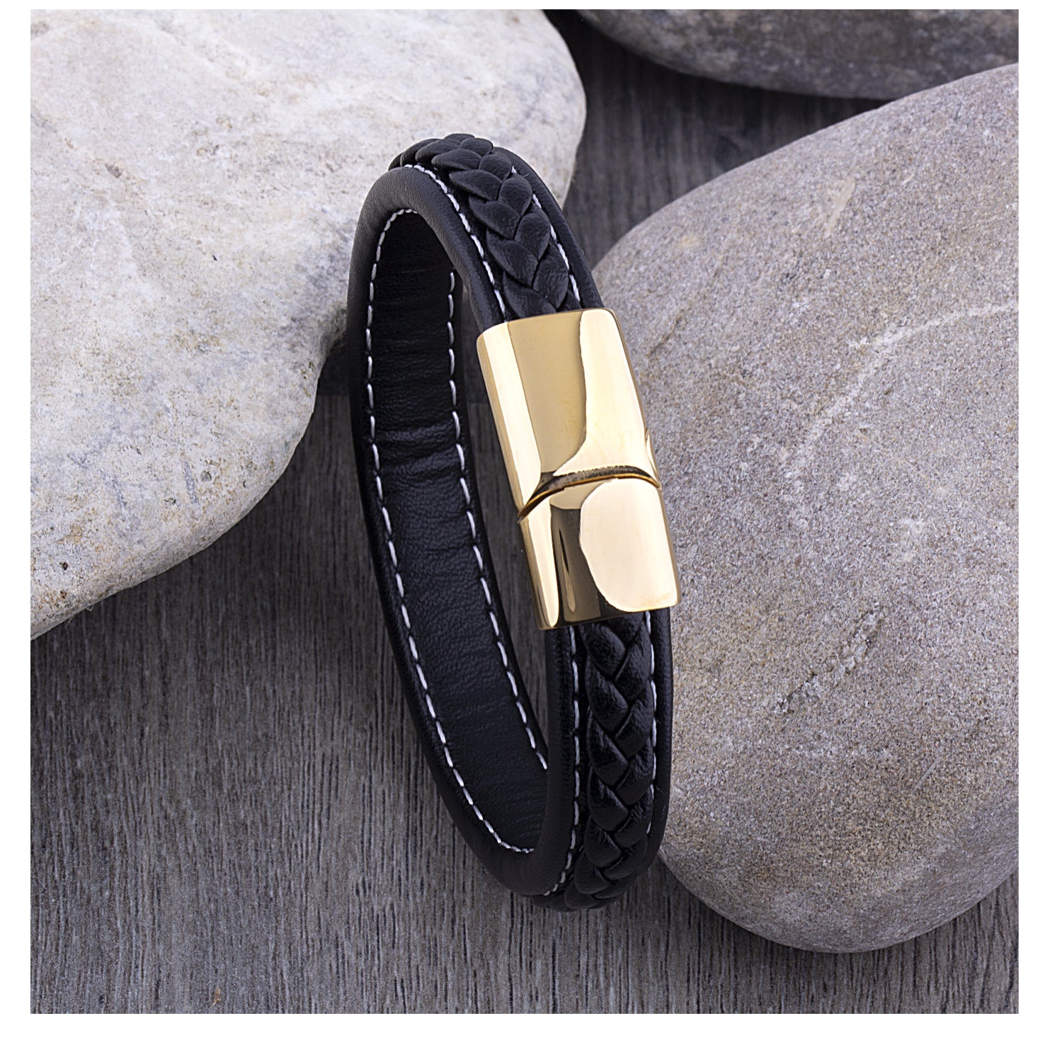Men's Stainless Steel Black Leather Bracelet with Yellow Gold Plated Clasp