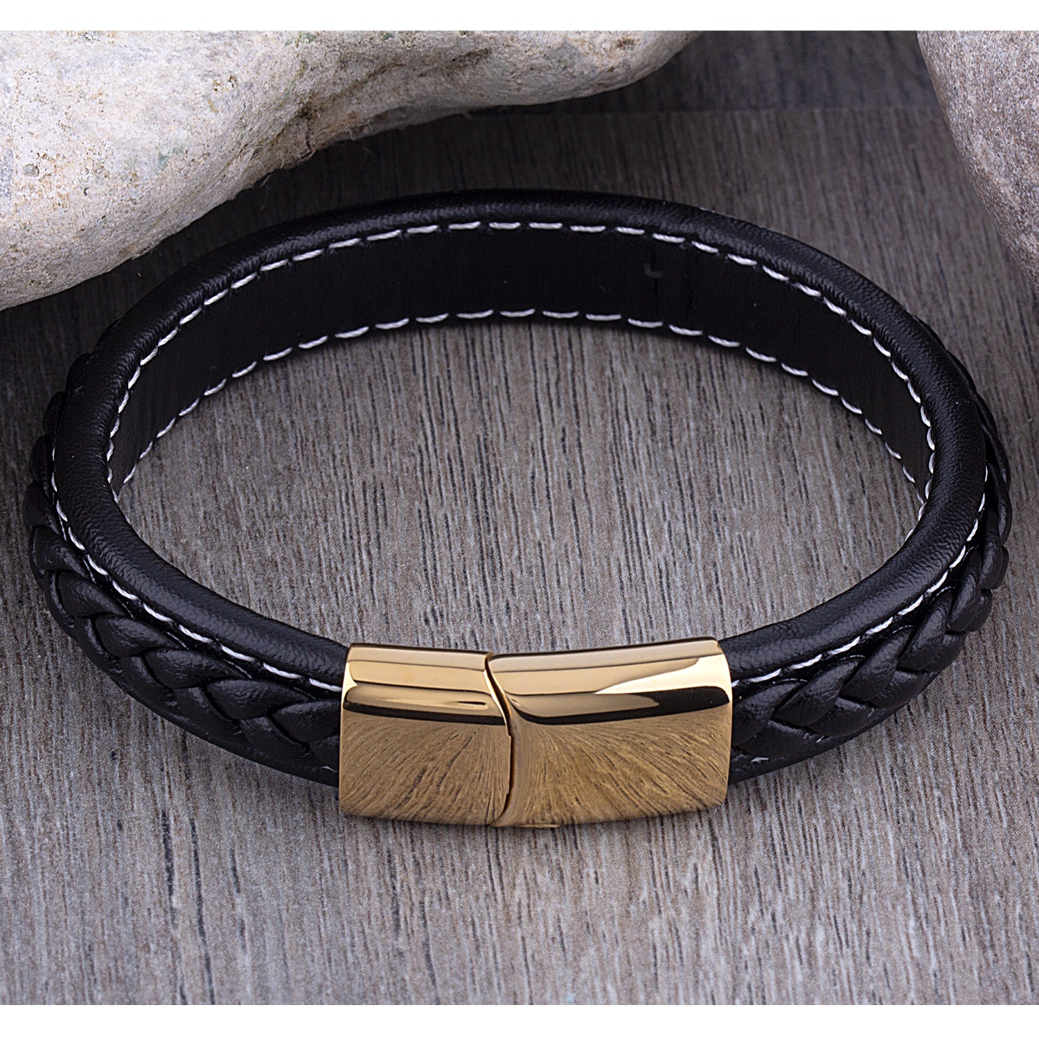 thumbnail image 2 of Men's Stainless Steel & Black Leather Braided Magnetic Bracelet – Gold Plated Accents 2 of 4