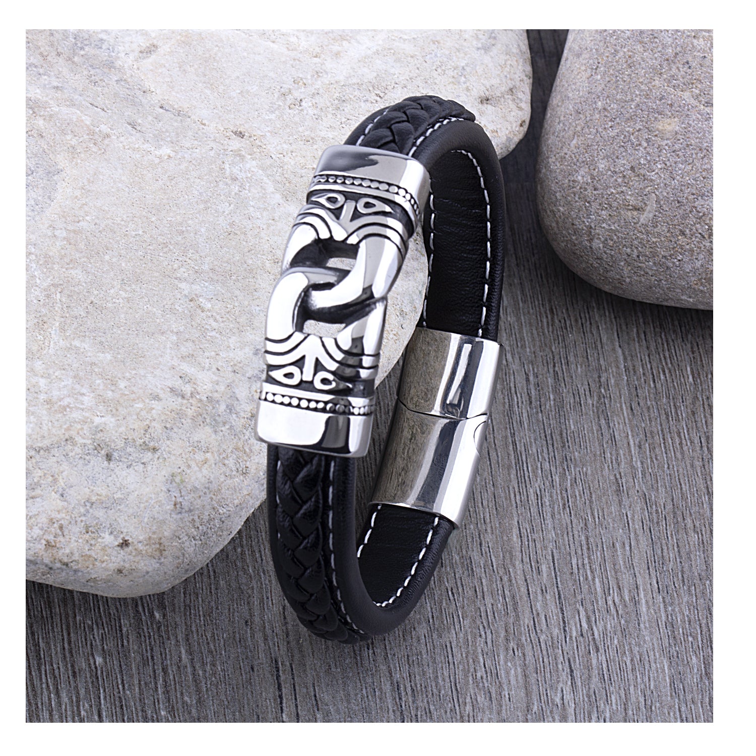 Men's Stainless Steel Black Braided Center Leather Bracelet With Polished Aztec Motif Center & Secure Slide Magnetic Clasp Lock