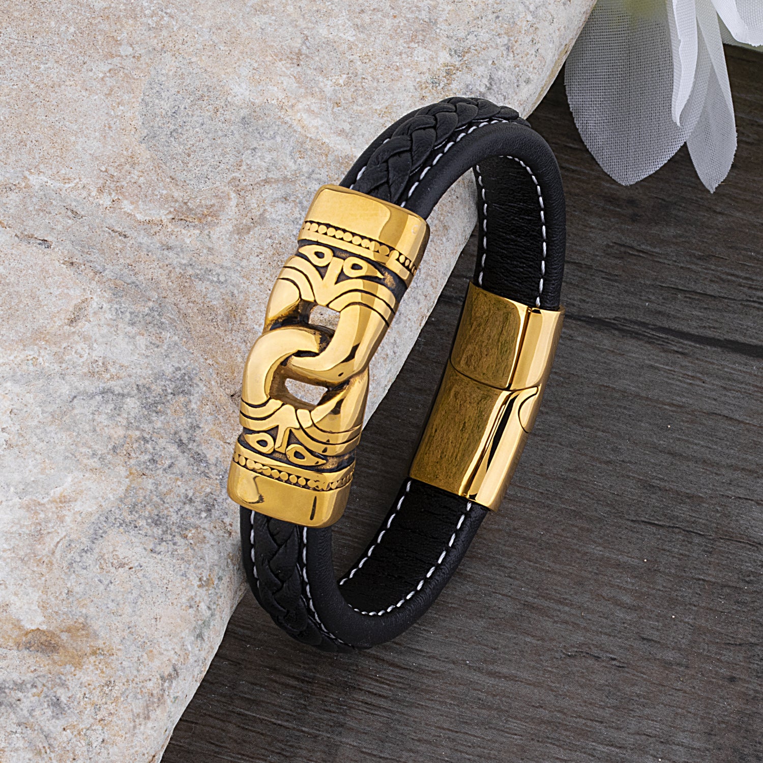 Men's Yellow Gold Plated Stainless Steel and Leather Bracelet, Aztec Design