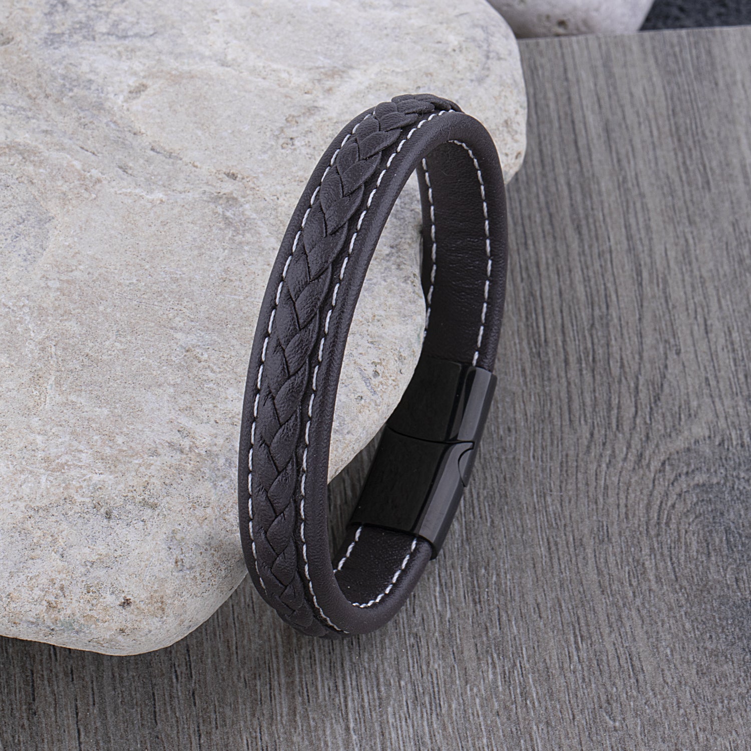 Men's Leather Bracelet Dark Brown Braided, White Stitched Polished Black Stainless Steel Secure Magnetic Sliding Clasp Lock