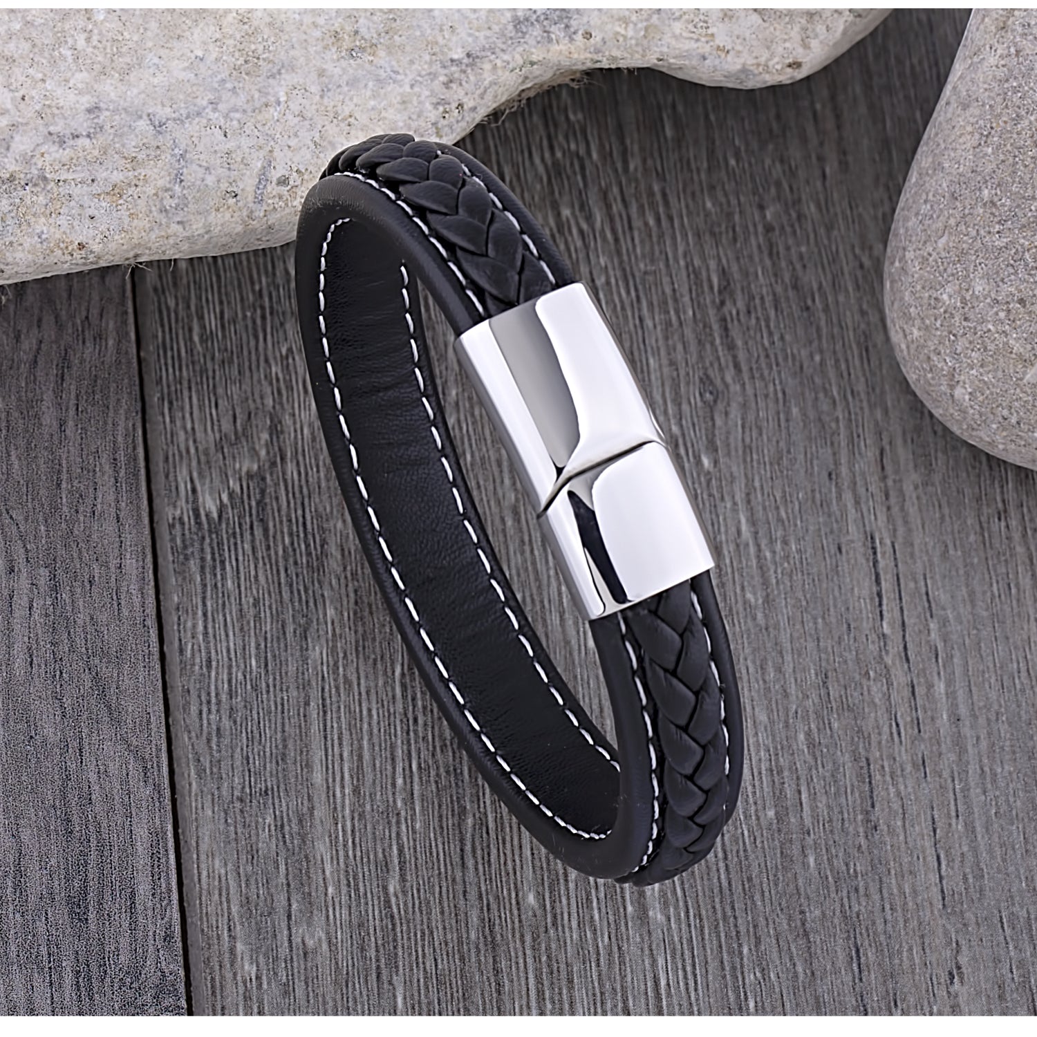 Men's Stainless Steel Black Braided & White Stitched Leather Bracelet With Polished Steel Secure Magnetic Sliding Clasp Lock