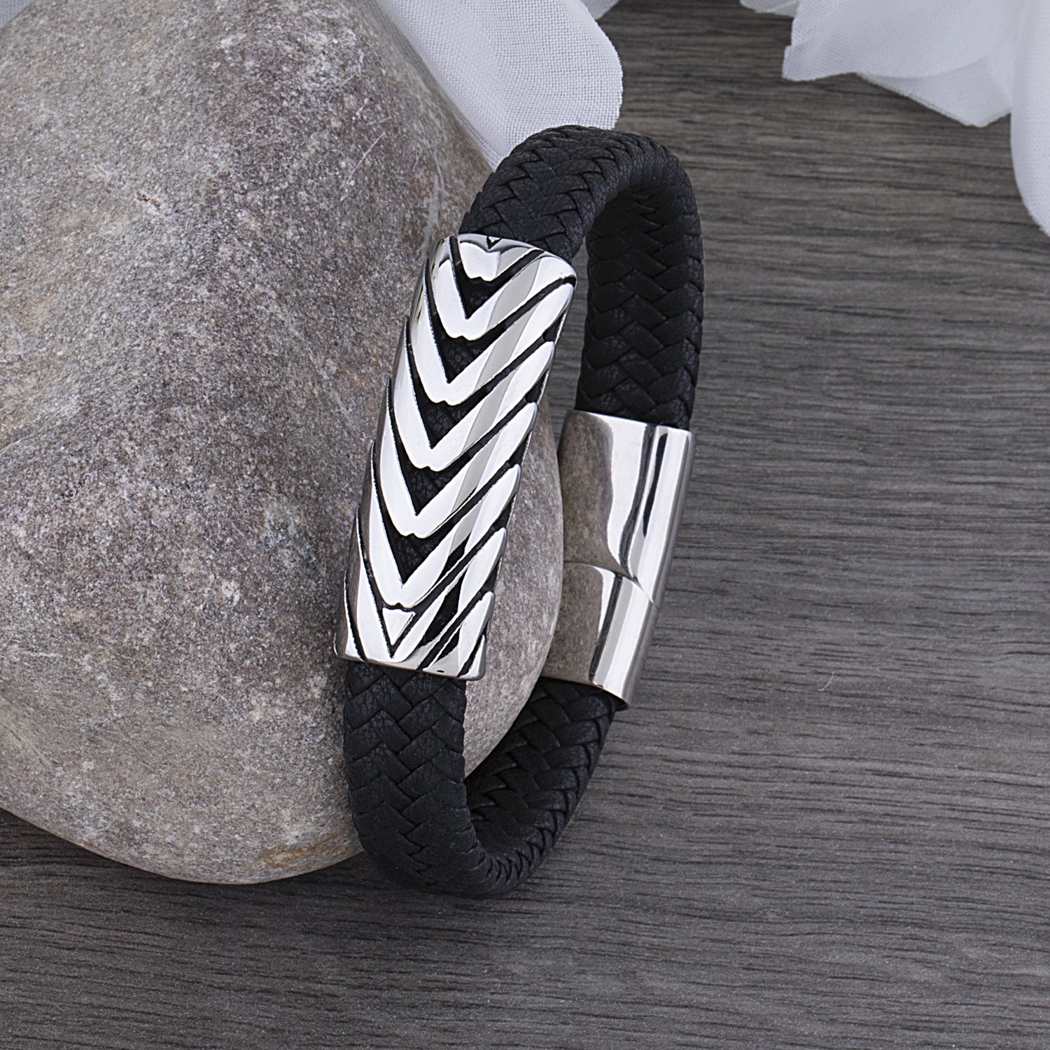 Men's Stainless Steel Geometric Design Bracelet with Black Leather