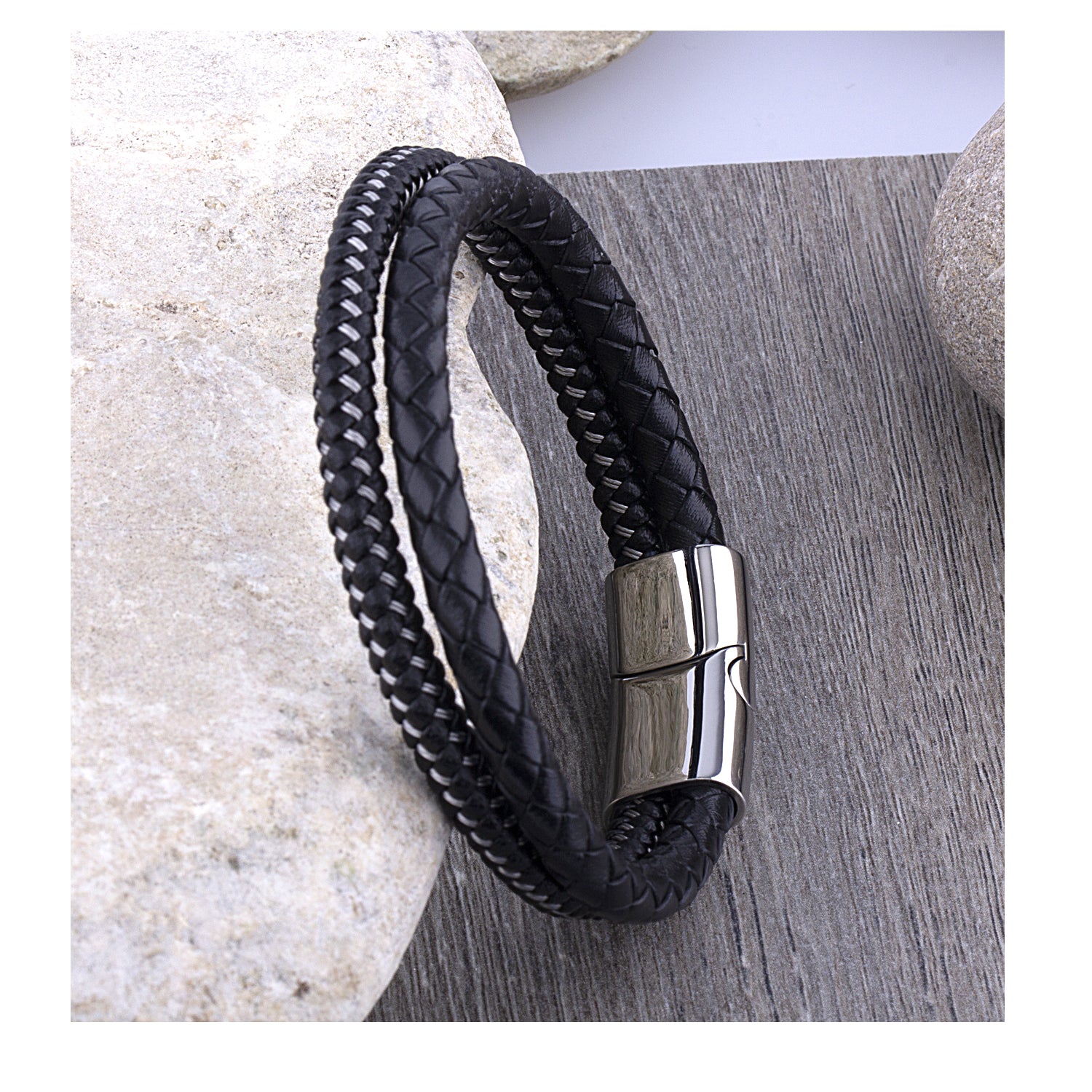 Men's Leather Bracelet with Hand-Braided Black Leather and Steel Wire, Stainless Steel Secure Slide Magnetic Clasp Lock