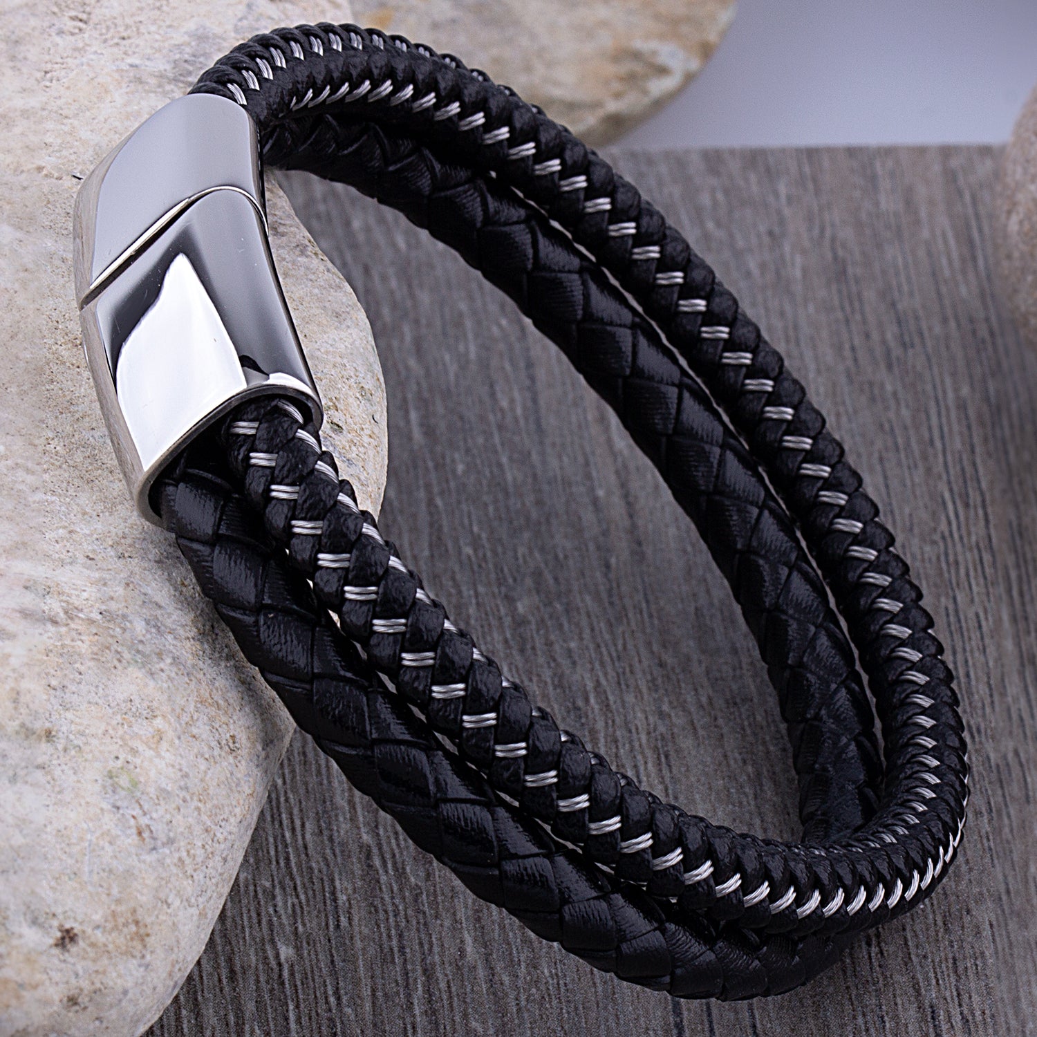 555Jewelry Mens Black Braided Leather Bracelet with Stainless 555Jewelry Mens Black Braided Leather Bracelet with Stainless