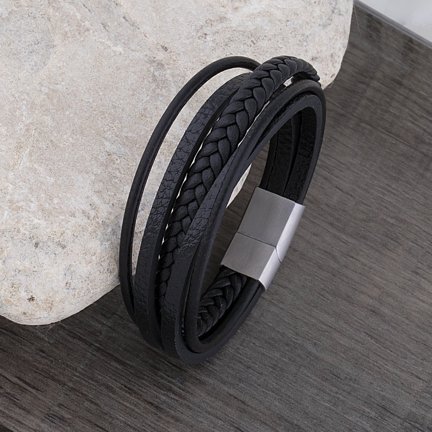 Men's Stainless Steel & Black Leather Bracelet With Stainless Steel Secure Magnetic Sliding Clasp Lock, Great Gift For Men