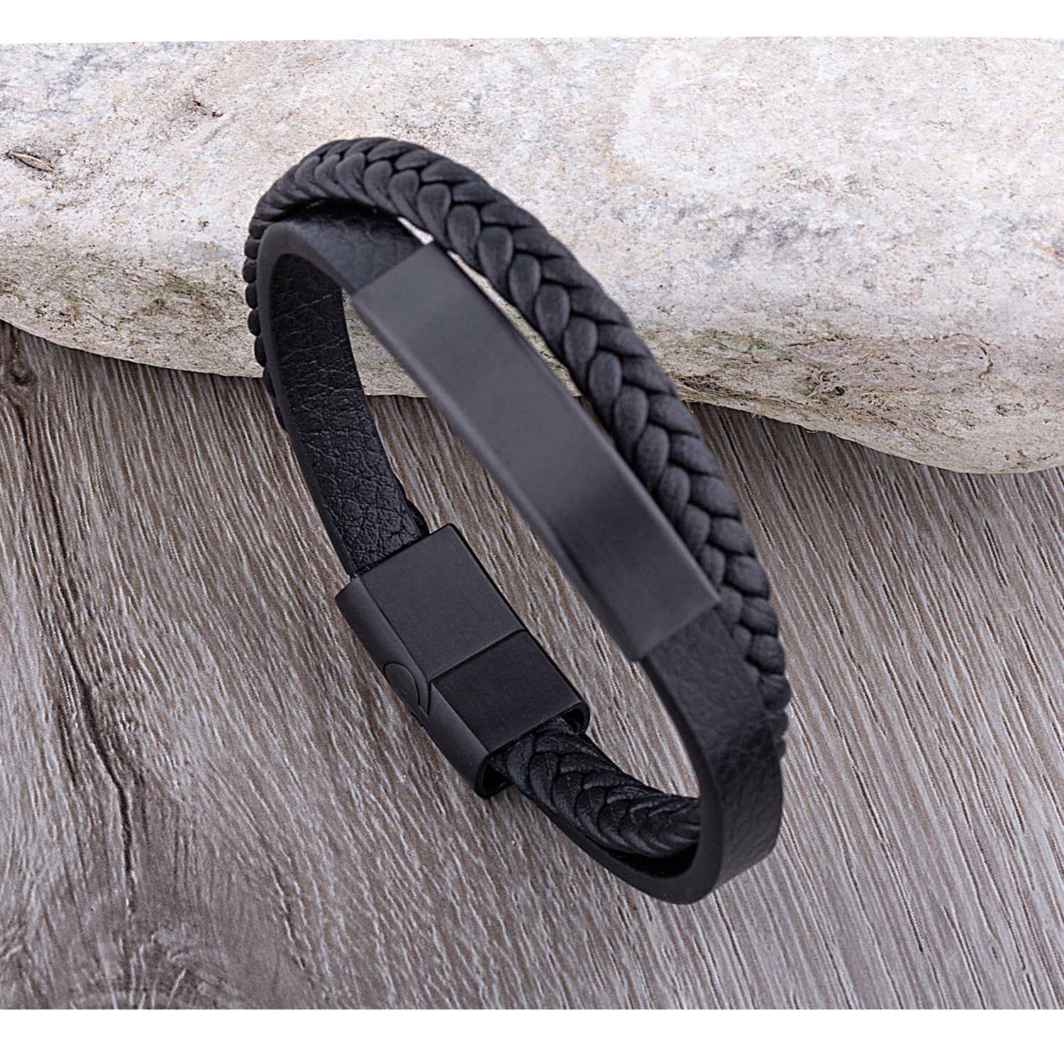 Men's Stainless Steel Black Leather Bracelet With Black Engraving Plate and Steel Secure Magnetic Sliding Clasp