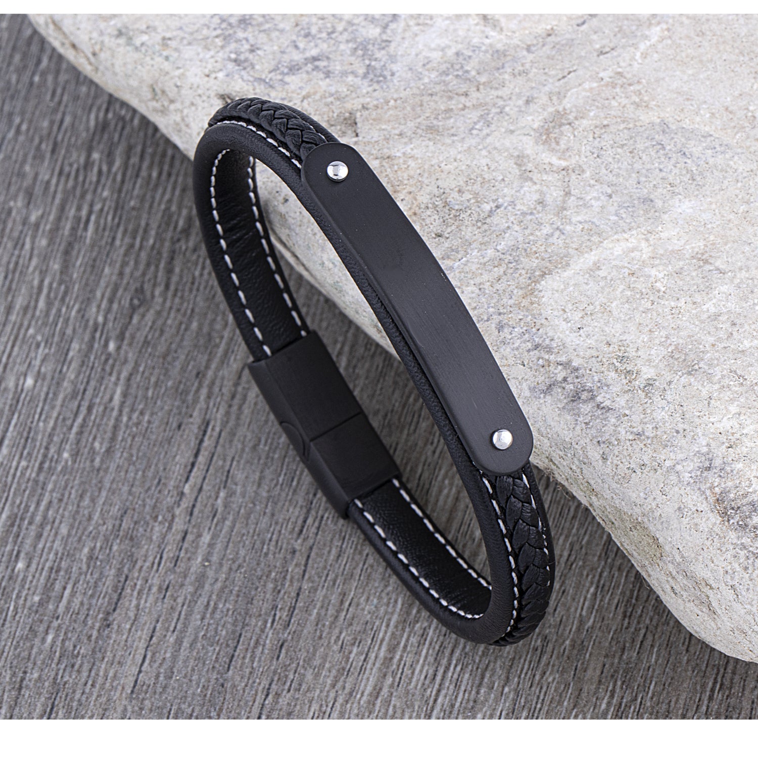 Black Leather Bracelet with Stainless Steel Engraving Plate for Men, Steel Secure Magnetic Sliding Clasp Lock