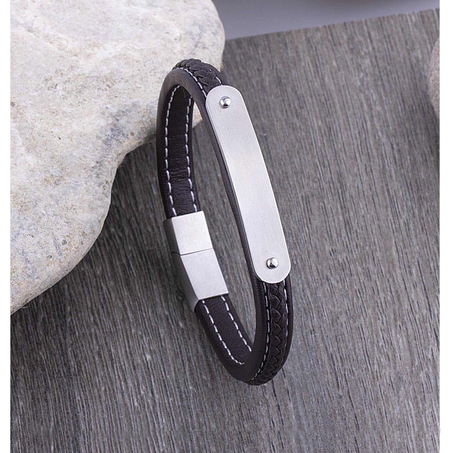 Men's Stainless Steel Brown Leather Bracelet, Engravable