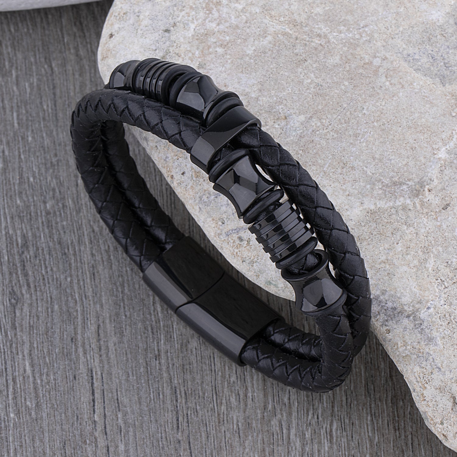 Men's Leather Braided Bracelet With Unique Black Stainless Steel Cylinder Designs and Secure Slide Magnetic Clasp Lock, Great Gift for Men
