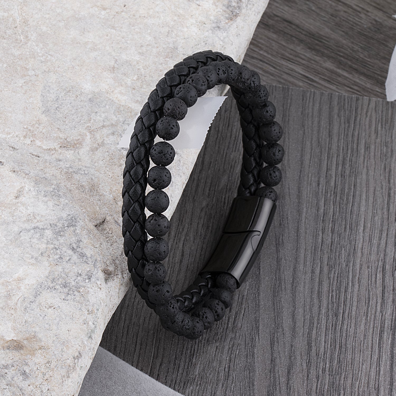 Men's Stainless Steel Black Braided Leather Bracelet with Lava Beads - SSLB133
