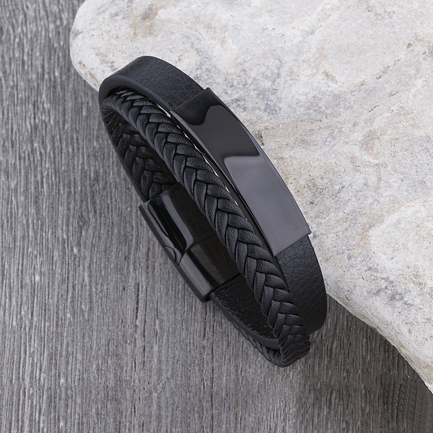 Men's Stainless Steel Black Leather Bracelet with Engraving Plate