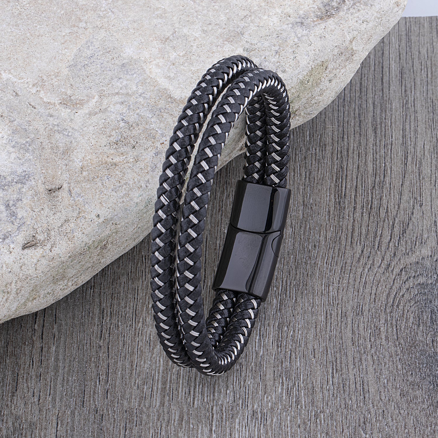 Men's Stainless Steel Black Leather Bracelet Hand-Braided Leather and Steel Wire With Steel Secure Slide Magnetic Clasp Lock