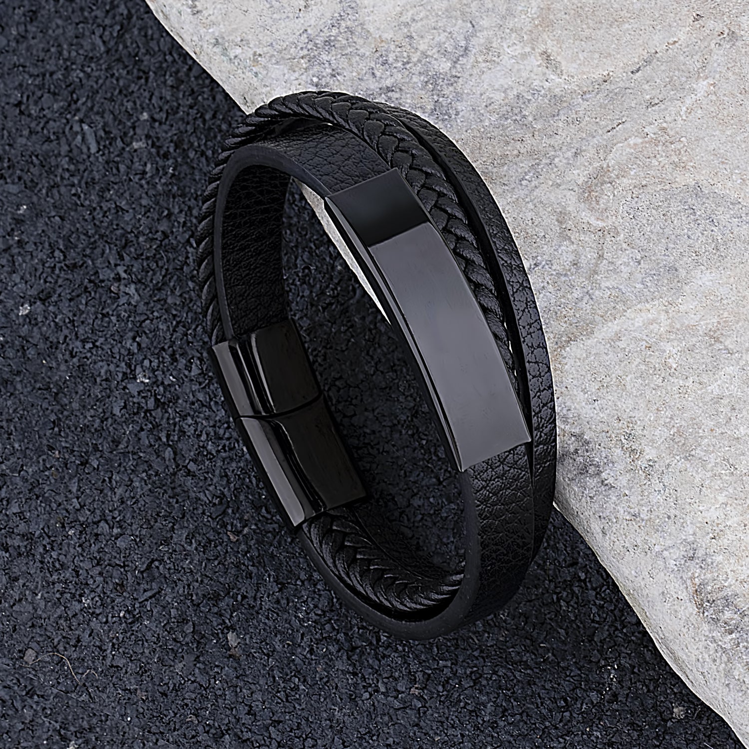 Men's Stainless Steel Black Leather Bracelet With Black Engraving Plate and Steel Secure Magnetic Sliding Clasp