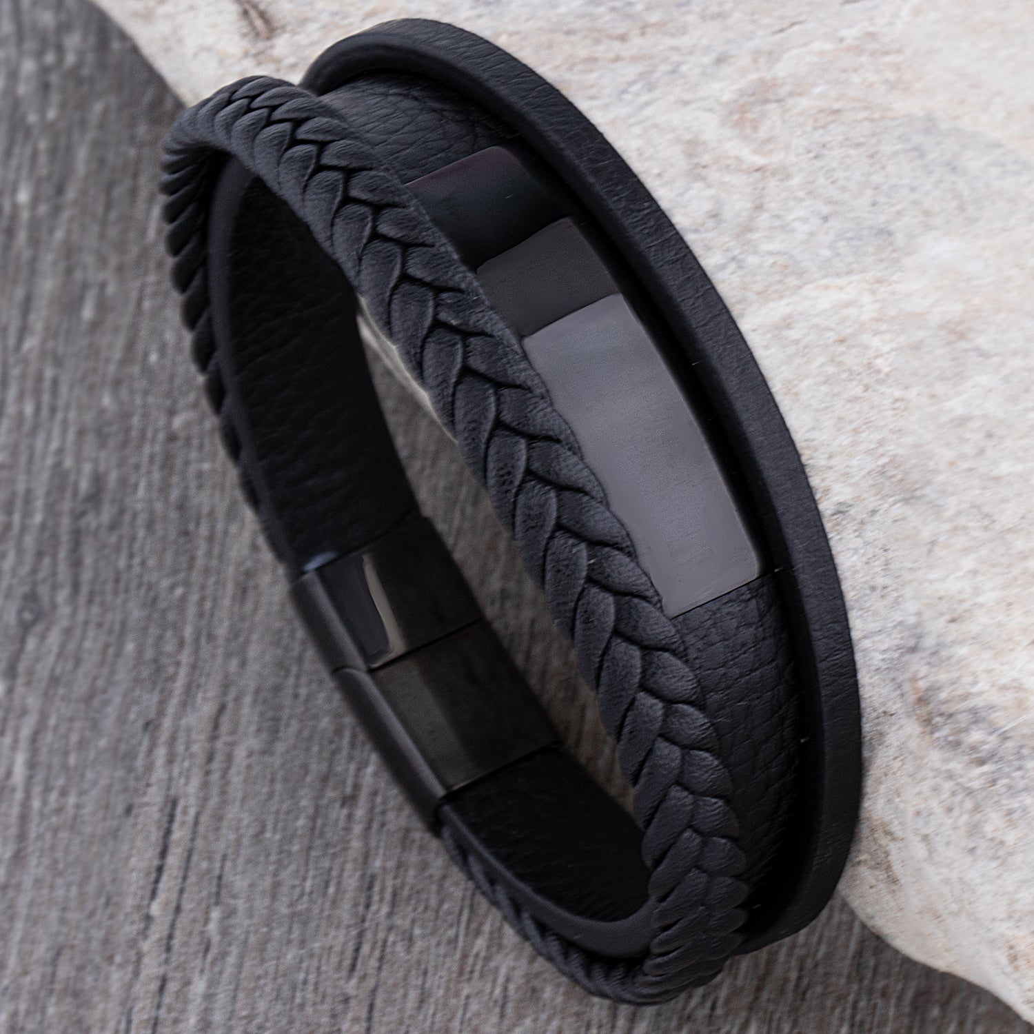 Men's Stainless Steel Black Leather Bracelet with Partial Hidden Engraving Plate 