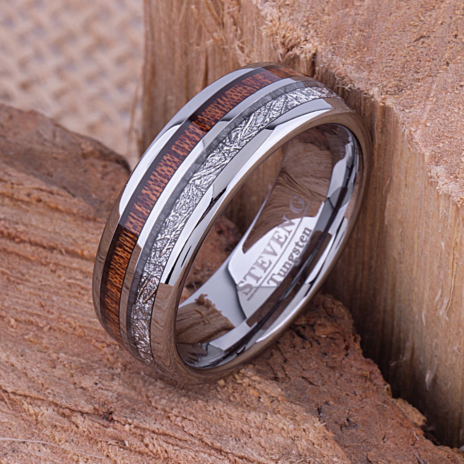 Tungsten Band with Koa Wood and Man Made Meteorite 8mm - TCR103 meteorite and wood engagement band or wedding ring or promise band