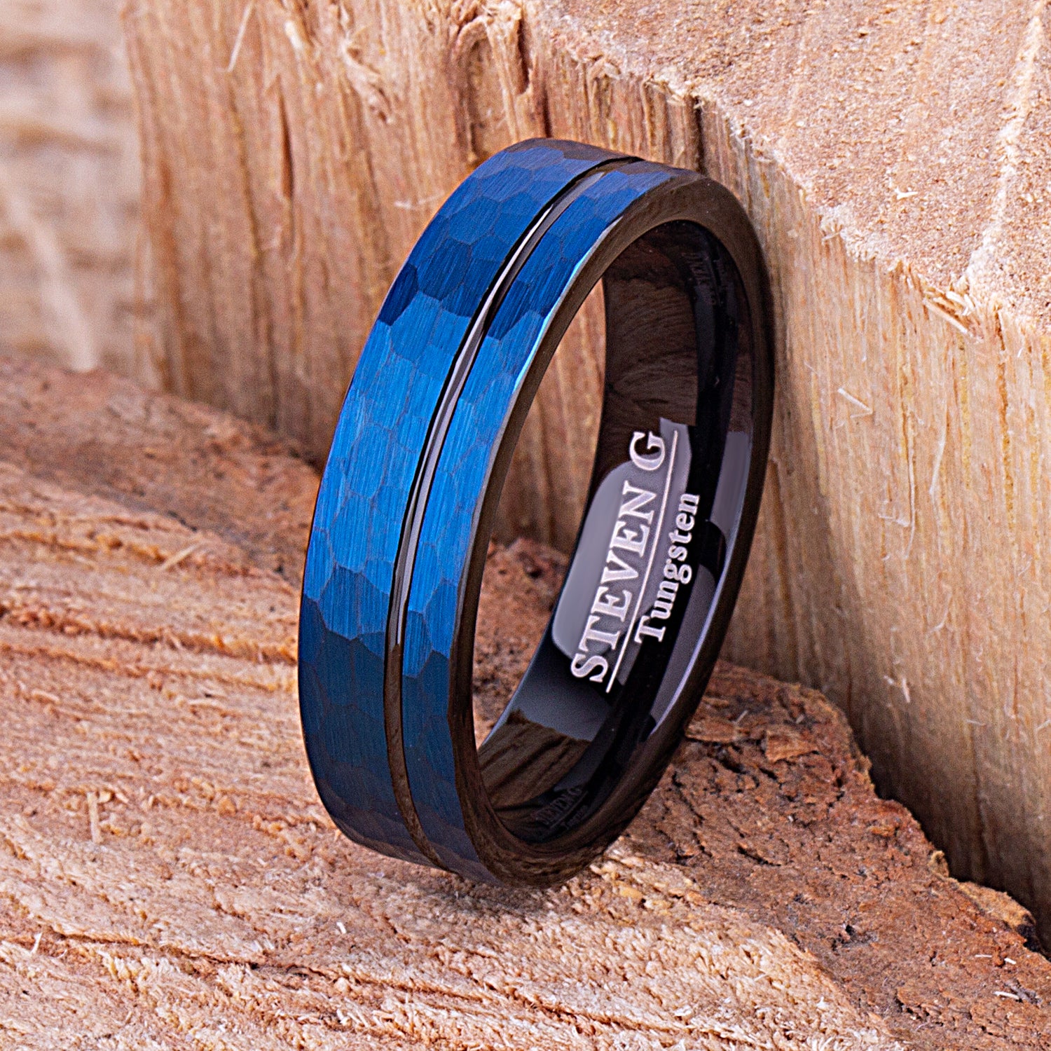 Tungsten Band Blue and Black 6mm - TCR105 black and blue men’s wedding or engagement band or promise ring for him