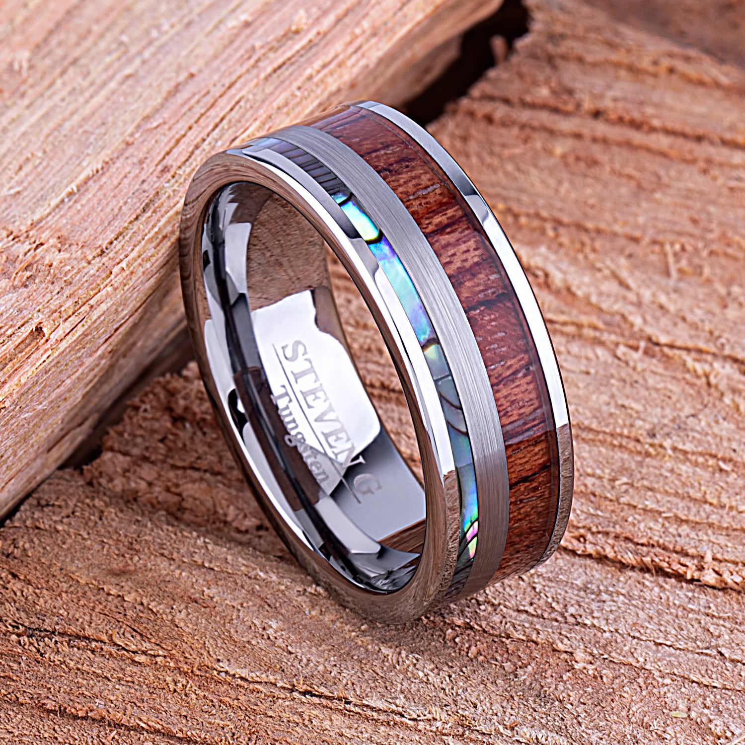Tungsten Ring with Koa Wood and Abalone Shell 8mm - TCR119 wood & shell engagement band or wedding ring or promise band