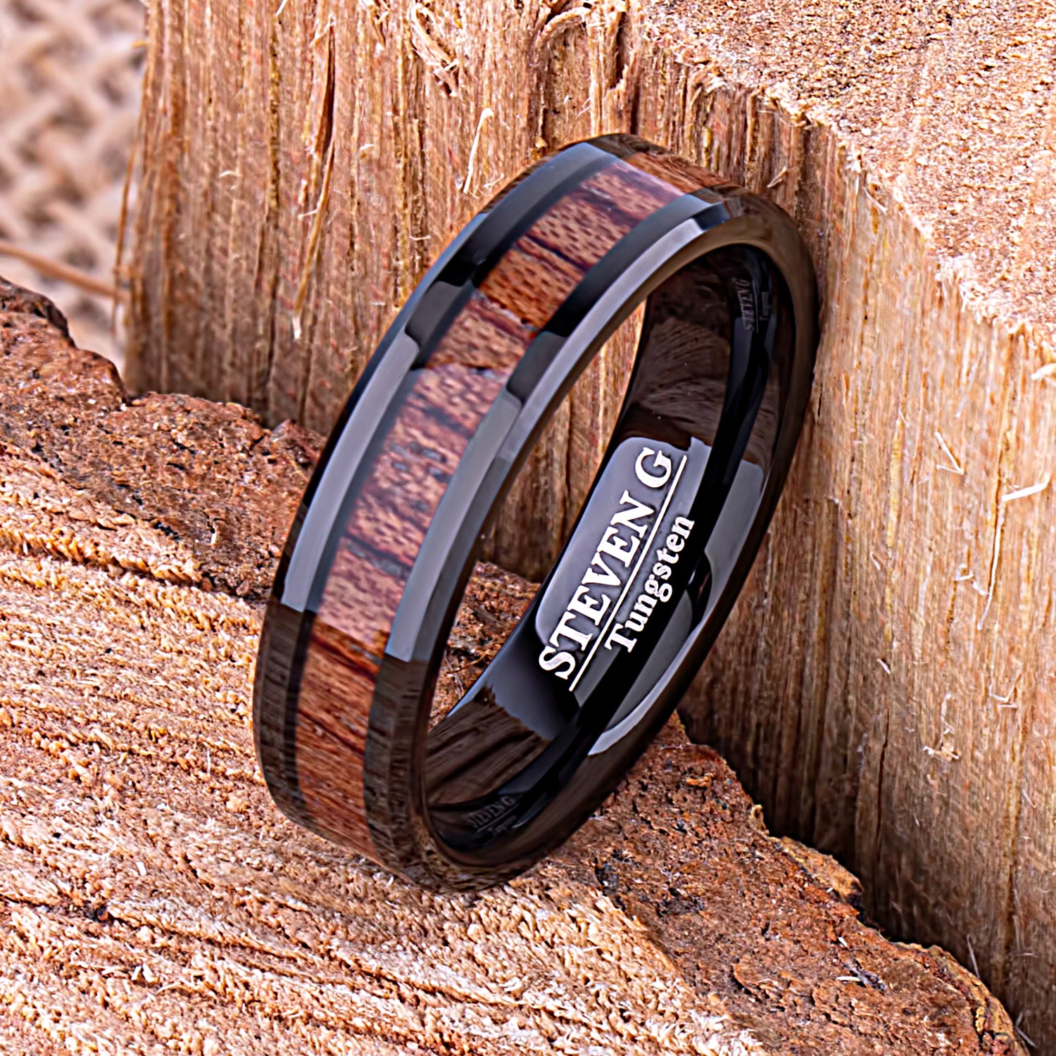 Black Tungsten Wedding Band or Engagement Ring 6mm Wide with Natural Padauk Wood Inlay