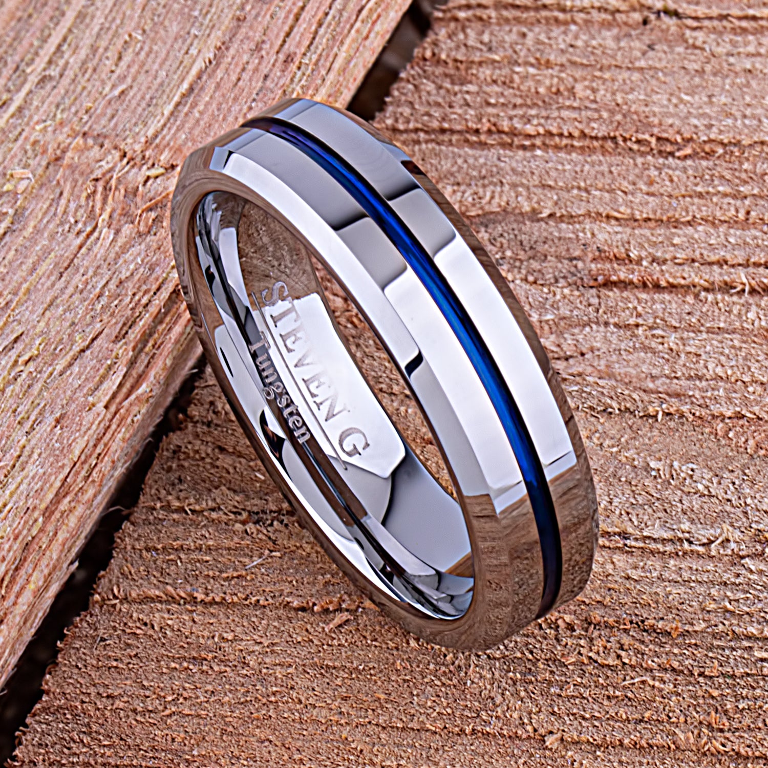 Tungsten Ring with Blue Center Channel 6mm - TCR140 blue men’s engagement or wedding ring or anniversary band for husband