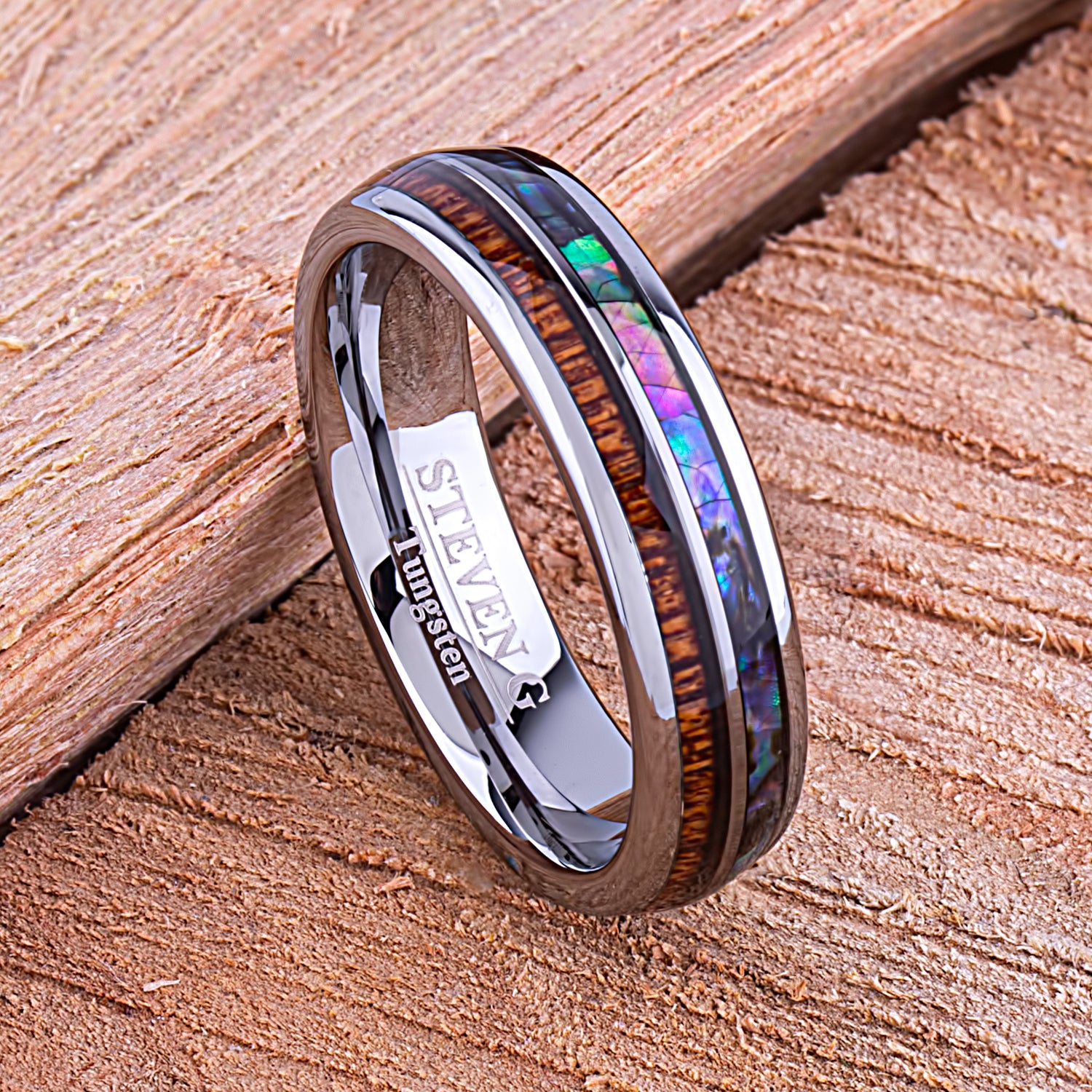 Tungsten Ring with Sapele Wood and Abalone Shell 6mm -  wood & shell men’s wedding or engagement band or anniversary ring