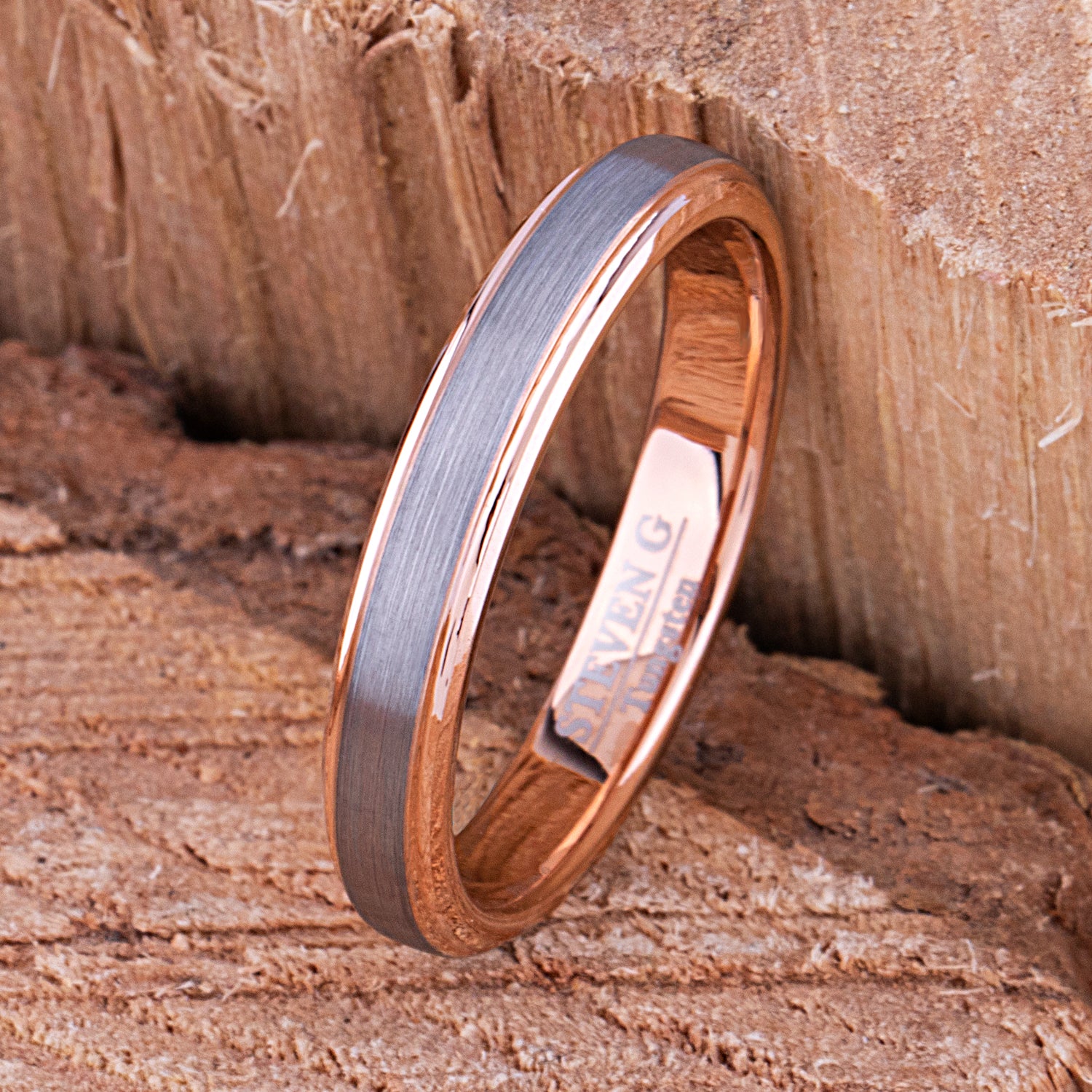 Tungsten Wedding Ring or Engagement Band 4mm with Rose Gold Interior & Brush Finish, Gift For Boy or Girl Friend, Unisex Tungsten Ring
