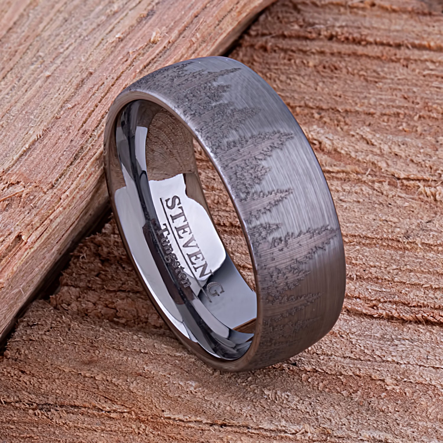 Forest Tungsten Ring for Wedding Band or Mans Engagement Ring 8mm Wide, Mens Promise Ring or Anniversary Band For Him, Tree Tungsten Ring