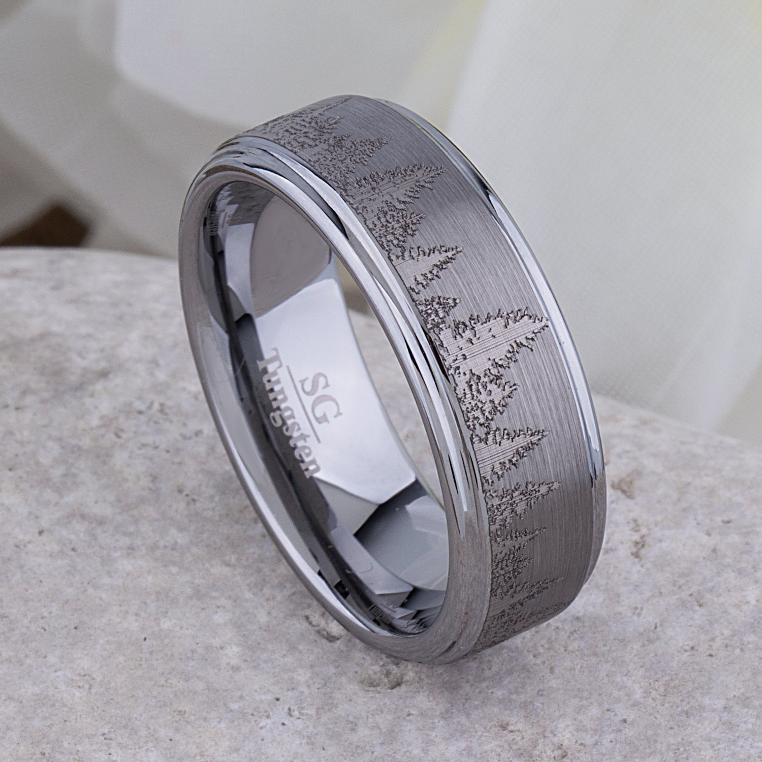 Forest Tungsten Band for Wedding or Engagement 8mm Wide, Mens Promise Ring, Anniversary Band For Man or Woman, Tungsten Ring Tree Design