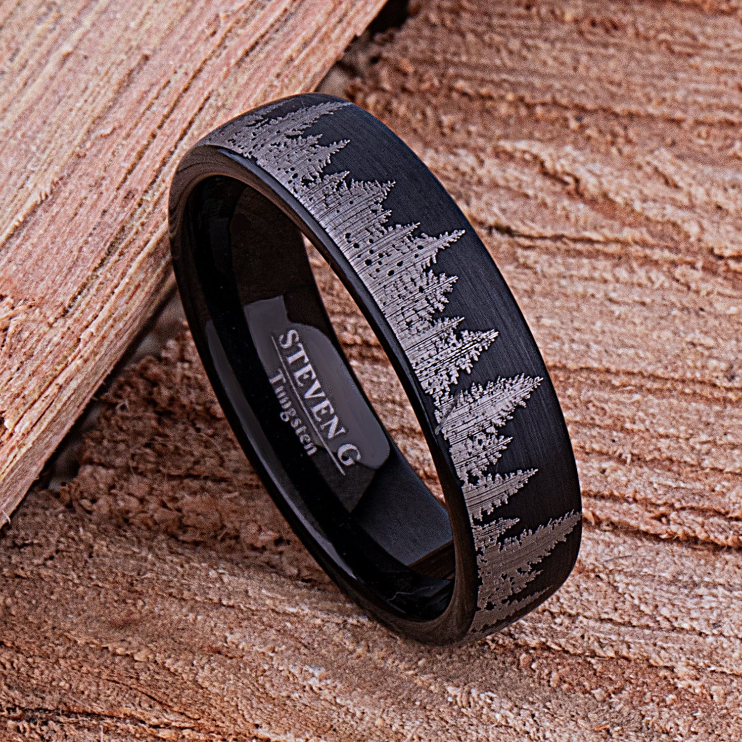 Tungsten Forest Style Men's Wedding Ring or Engagement Band 6mm Wide with Light Brushed Black Exterior