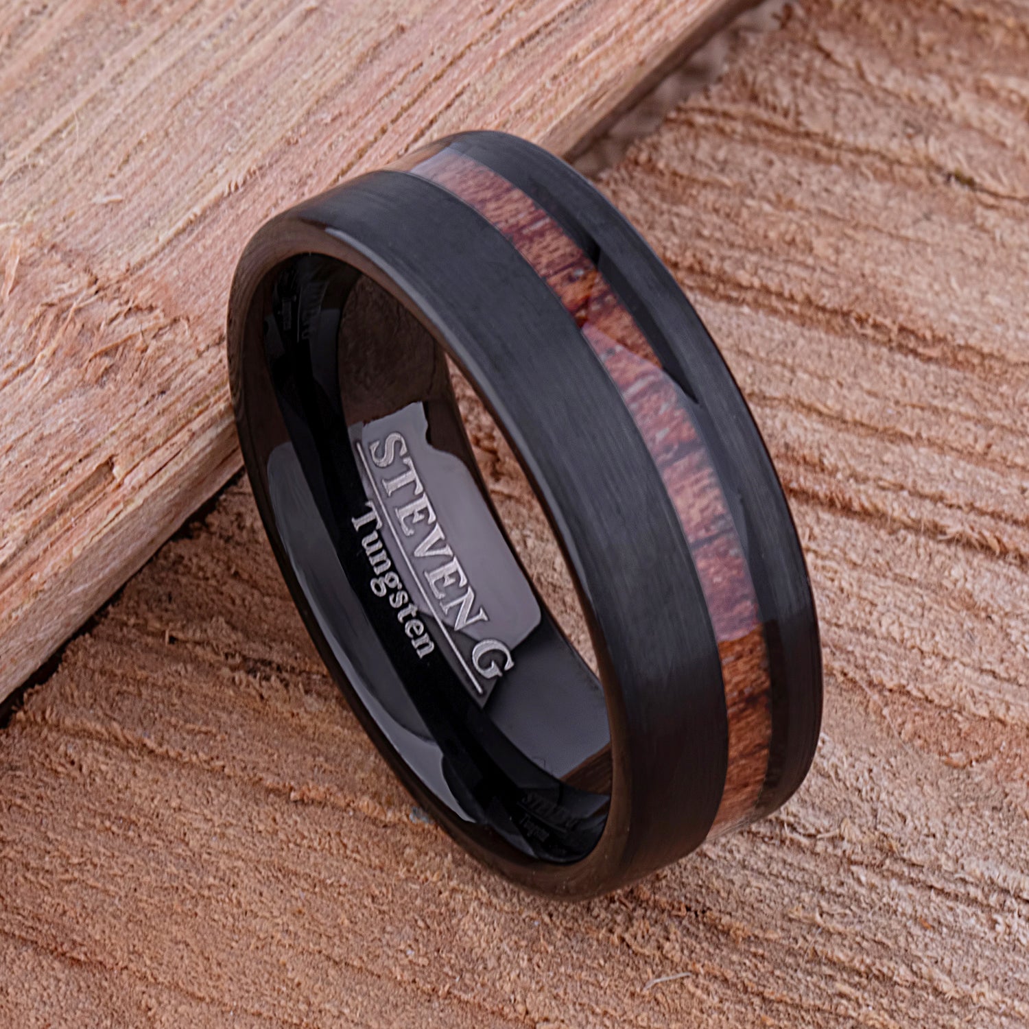 Tungsten Wedding Band or Engagement Ring 8mm Wide Black Plating Natural Padauk Wood Inlay