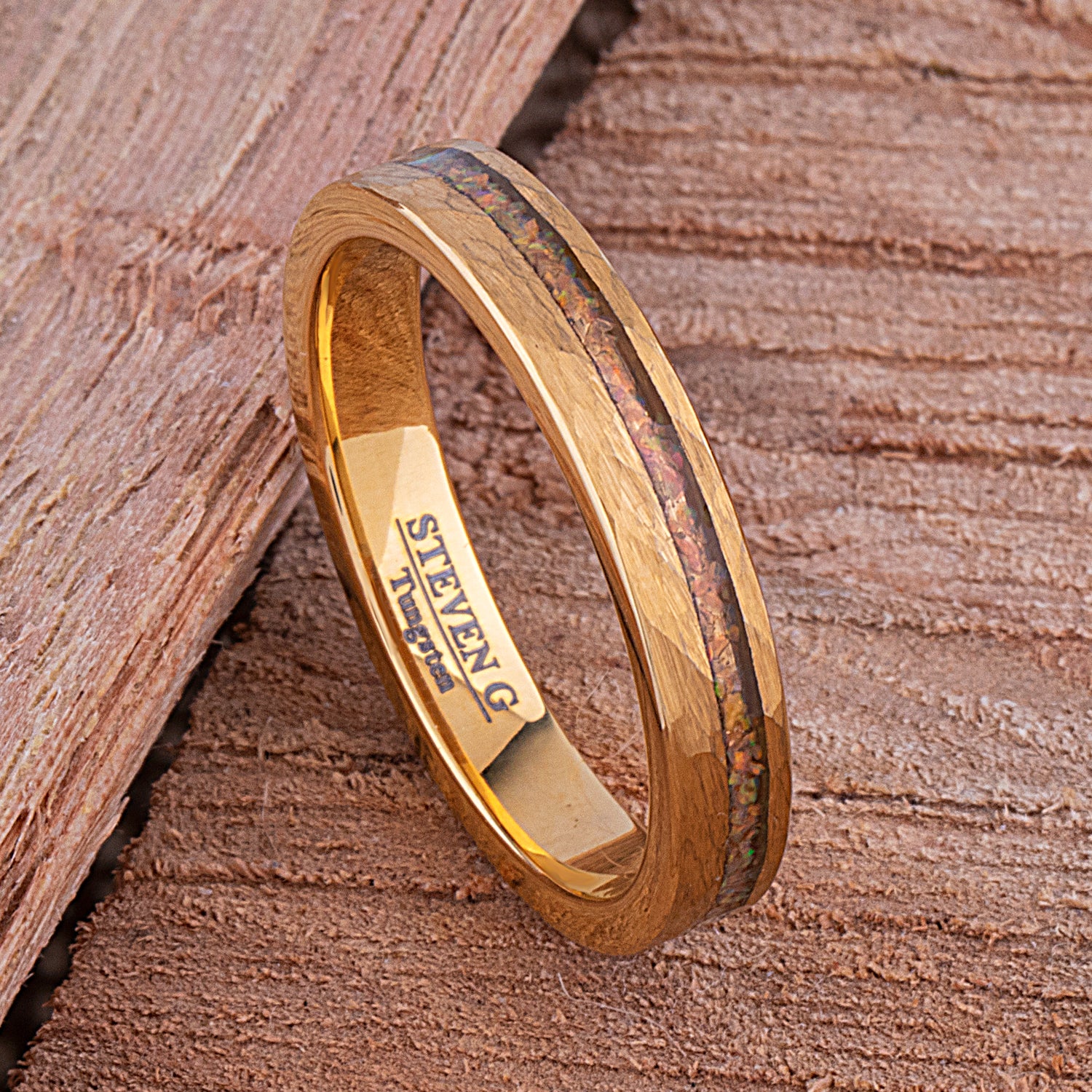 Yellow Tungsten Ring with Crushed Opal - 4mm Width