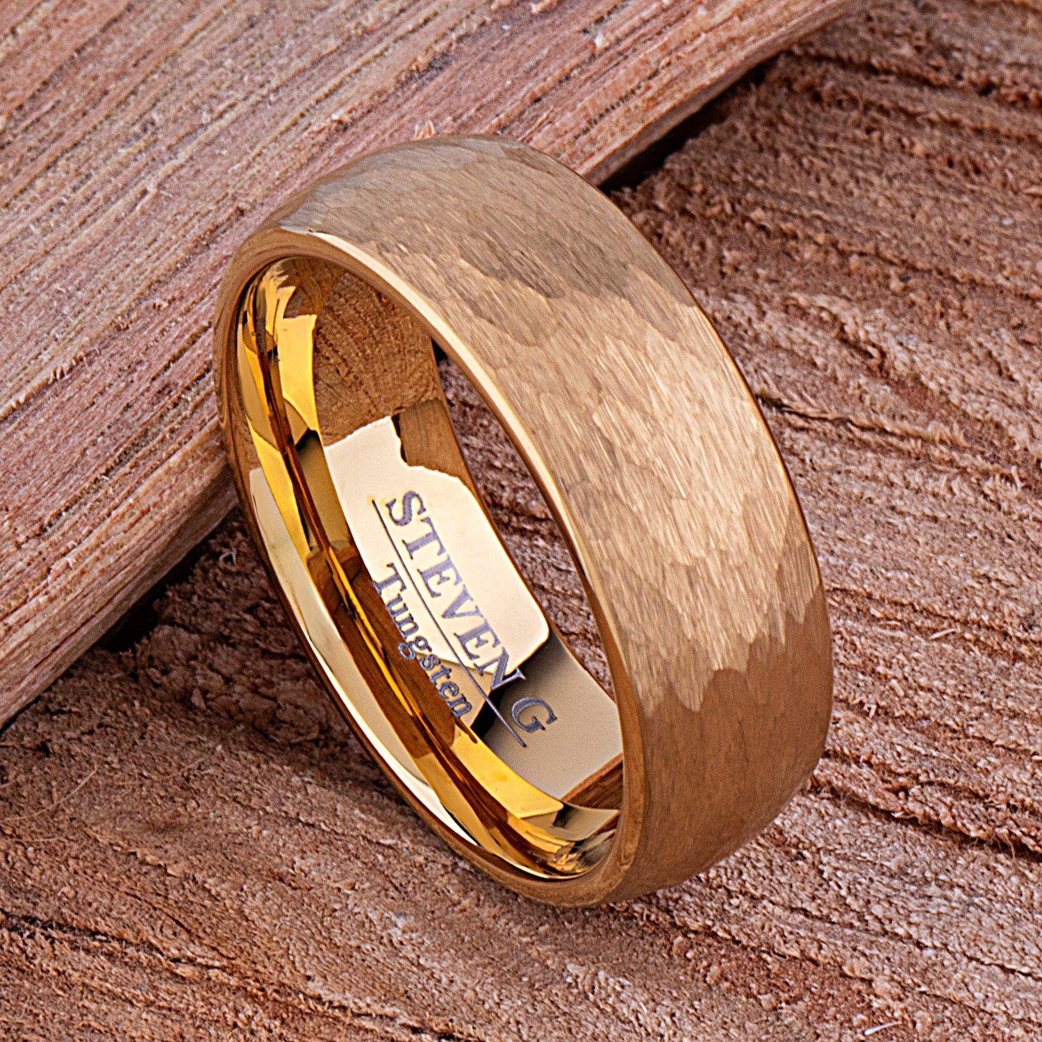 Tungsten Ring with Hammered Yellow Gold - 8mm Width