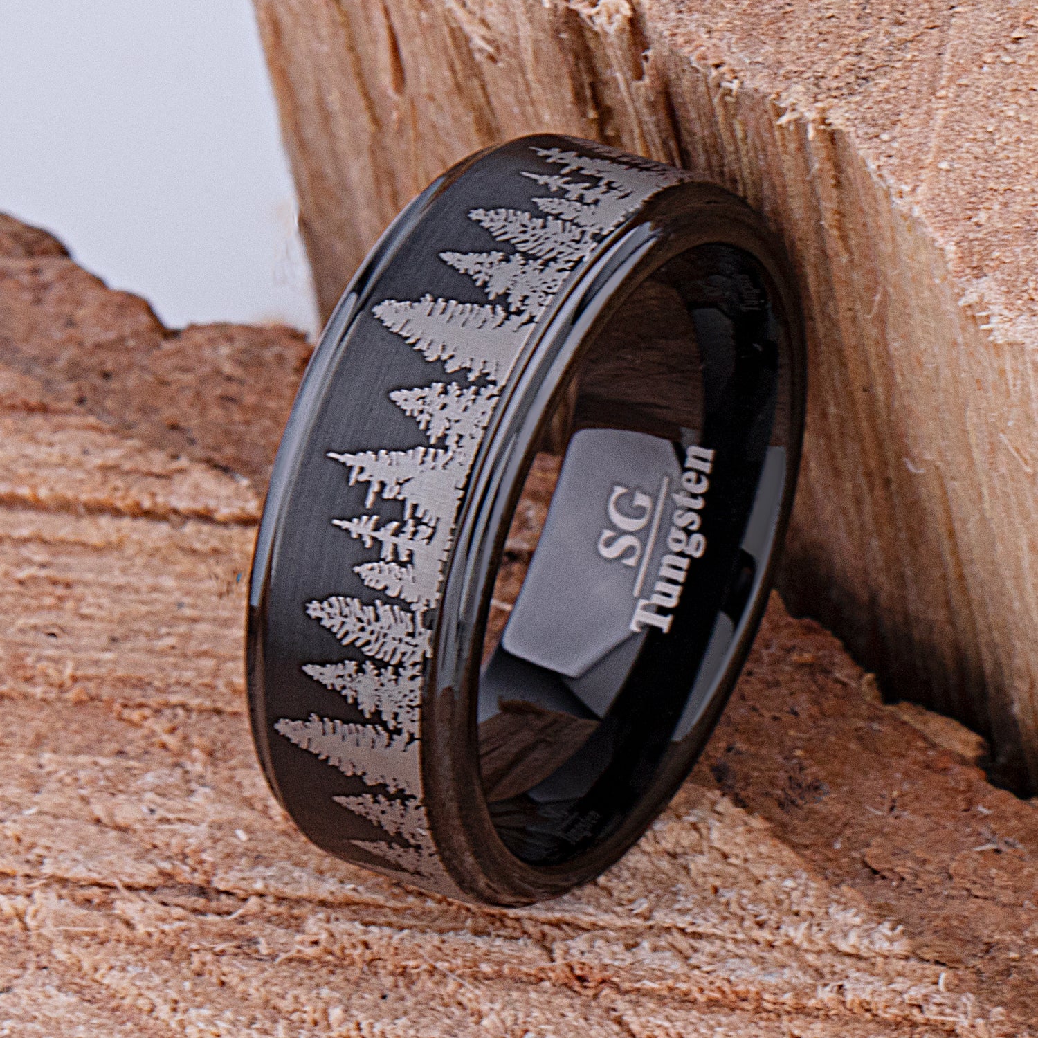 Black Tungsten Forest Designed Wedding Ring or Engagement Band 8mm Wide with Light Brushed Exterior