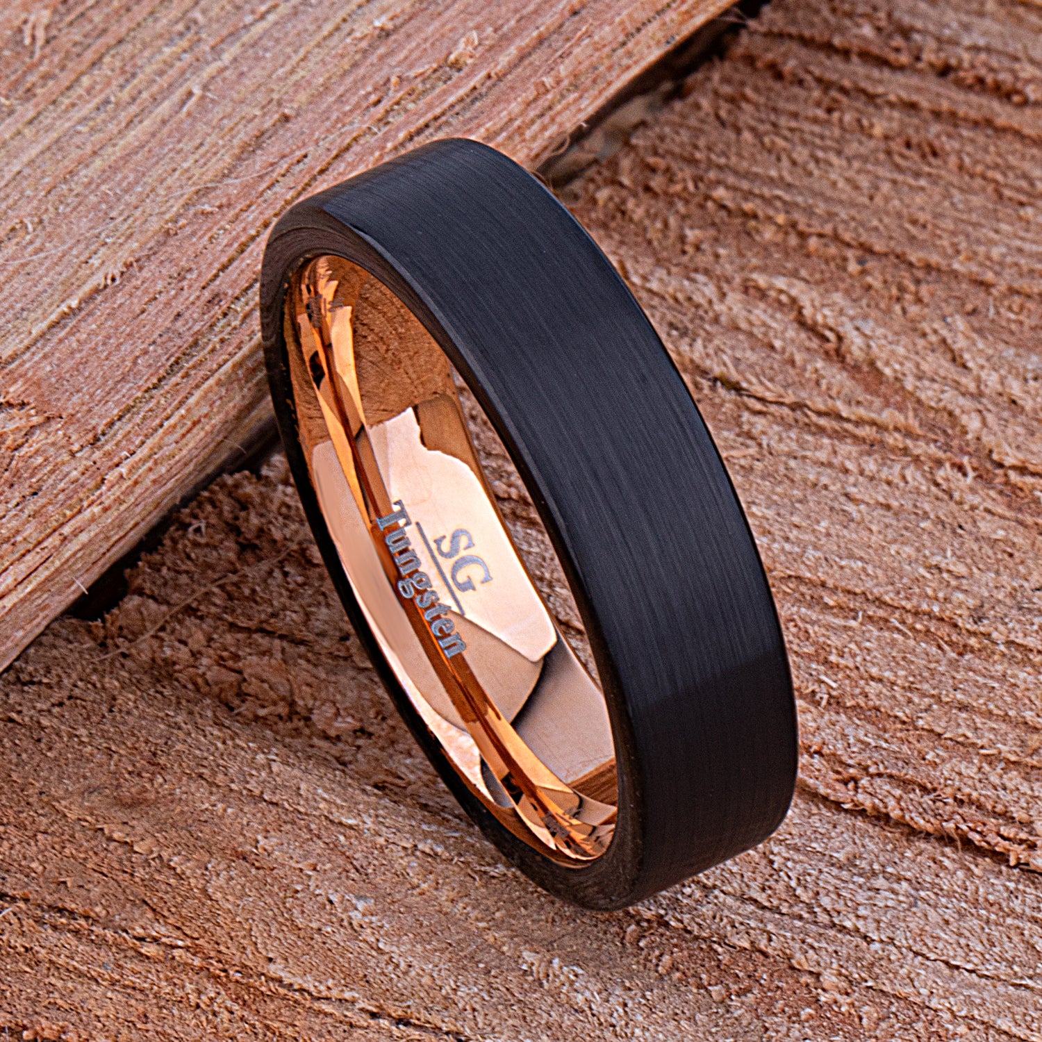 Tungsten Carbide Wedding Ring or Engagement Band 6mm Wide Flat Satin Finish 2-Tone Black & Rose Gold